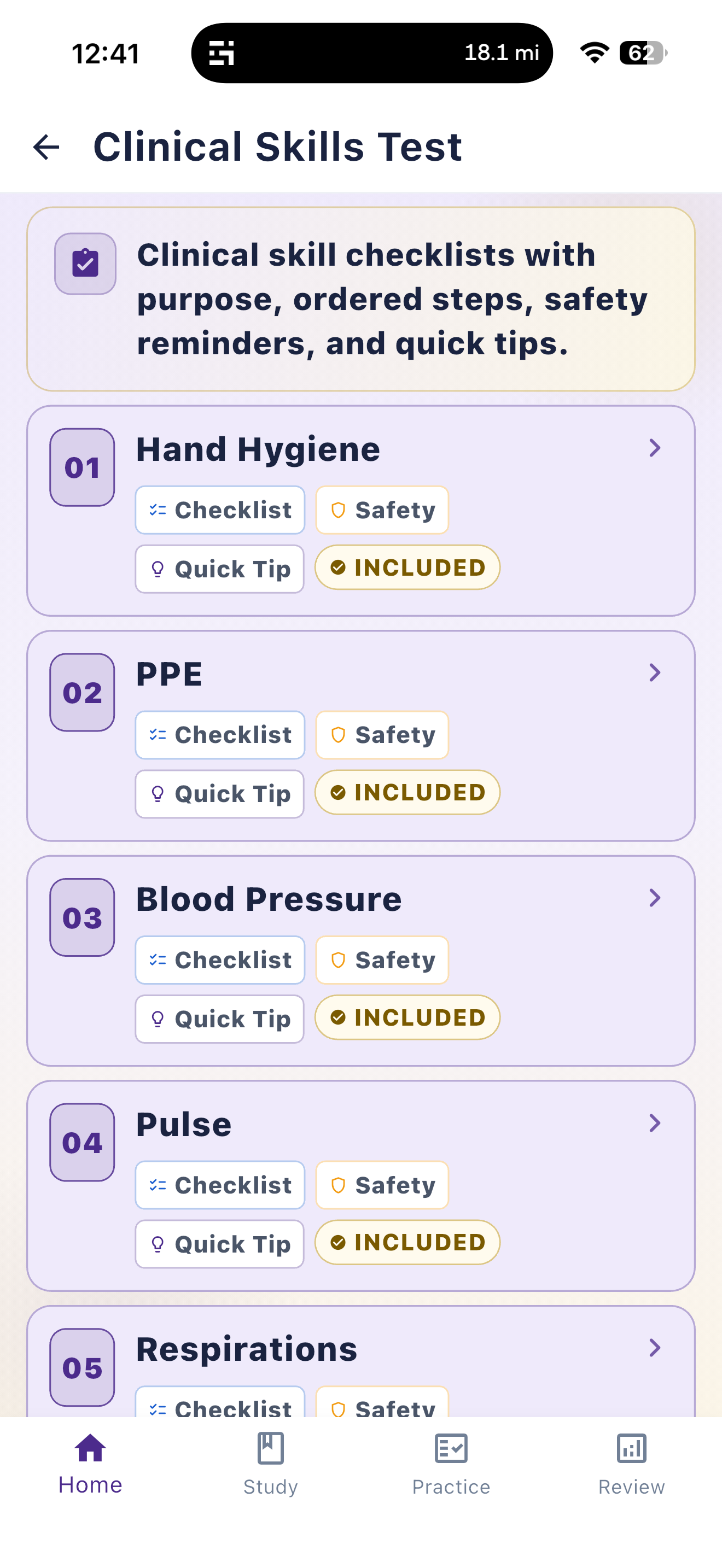 iPhone clinical skills screen
