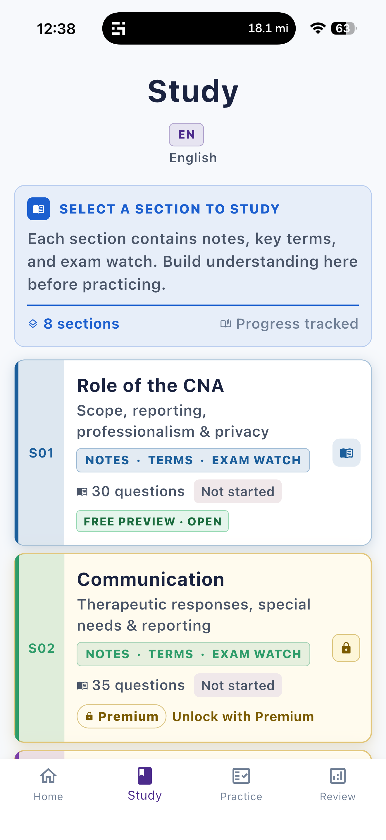 iPhone study section screen
