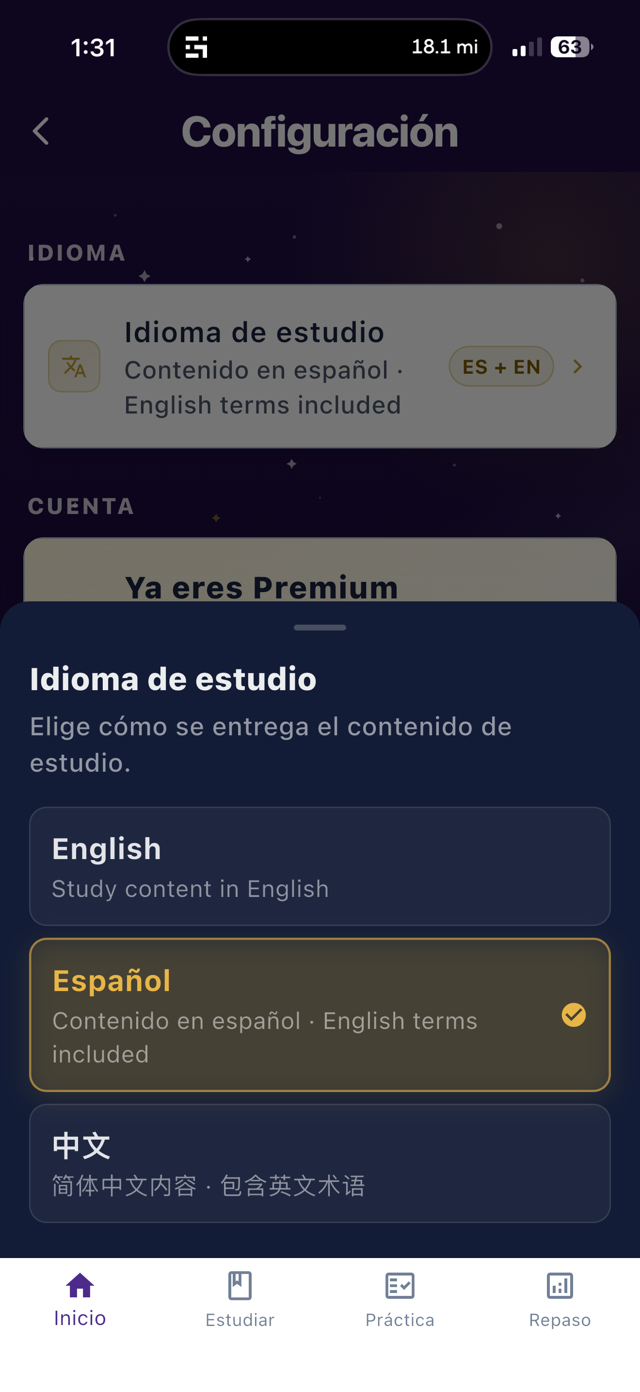 iPhone screen for choosing English, Spanish, or Simplified Chinese