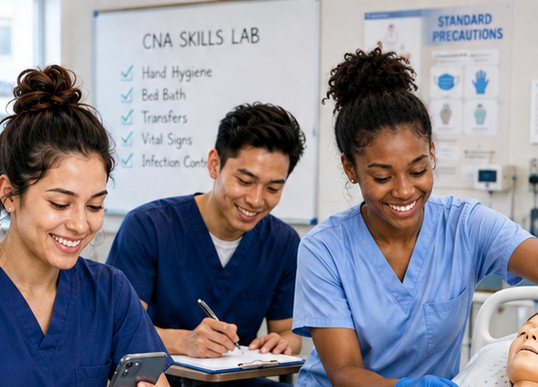 CNA students practicing and taking notes in a clinical skills lab