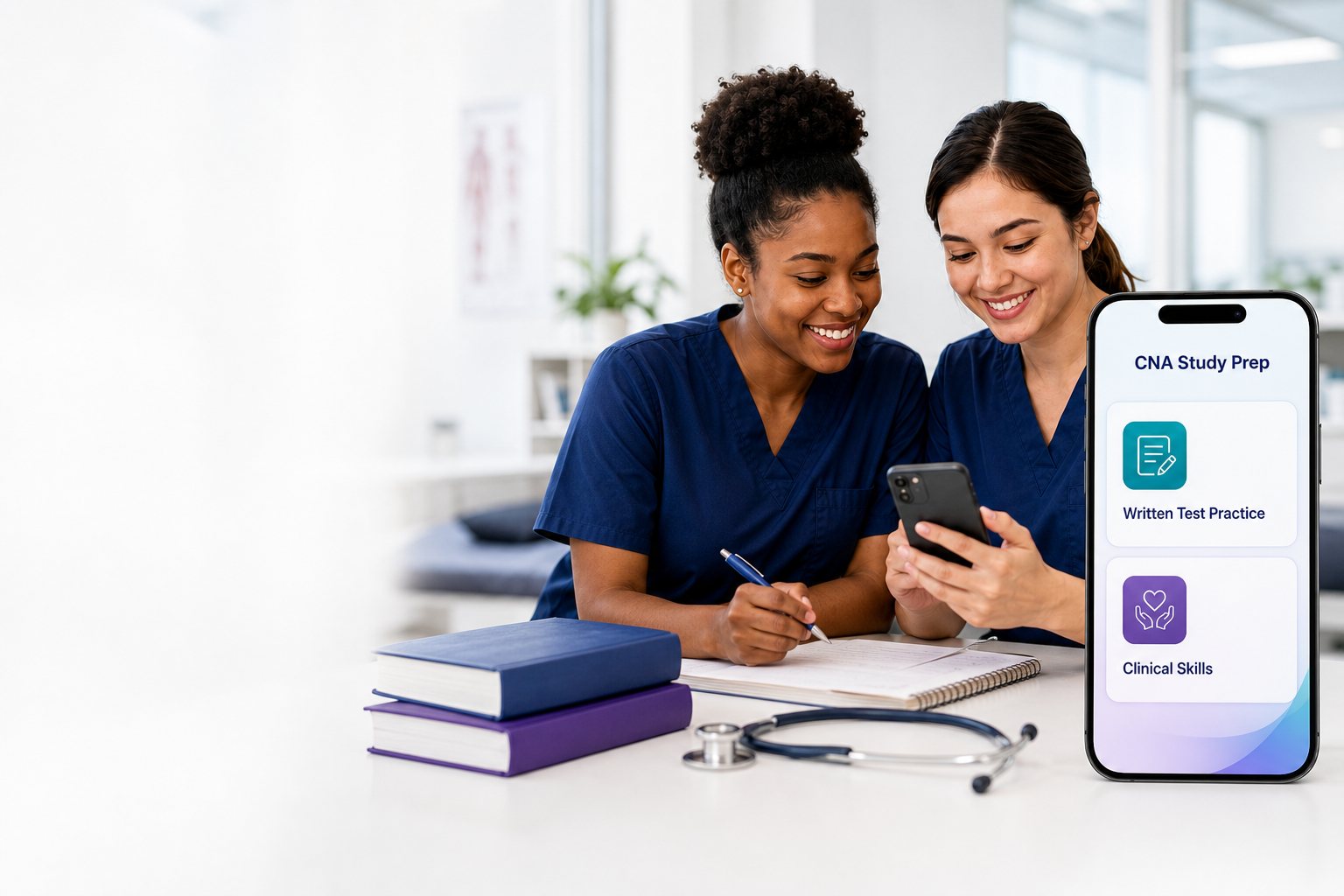 Two CNA students in scrubs studying together beside a CNA Study Prep app screen