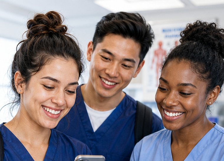 CNA students reviewing study material together on a phone